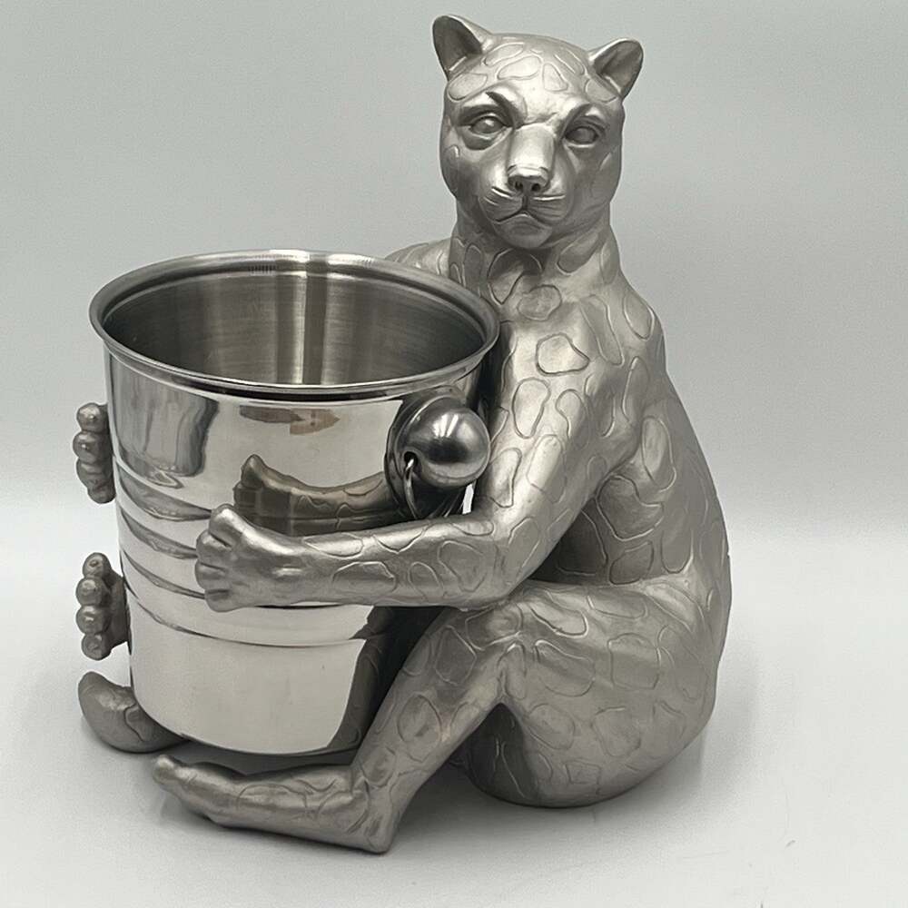 Leopard Panther Wine Bottle Holder Ice Bucket Sculpture Statue Aluminum 14” Tall